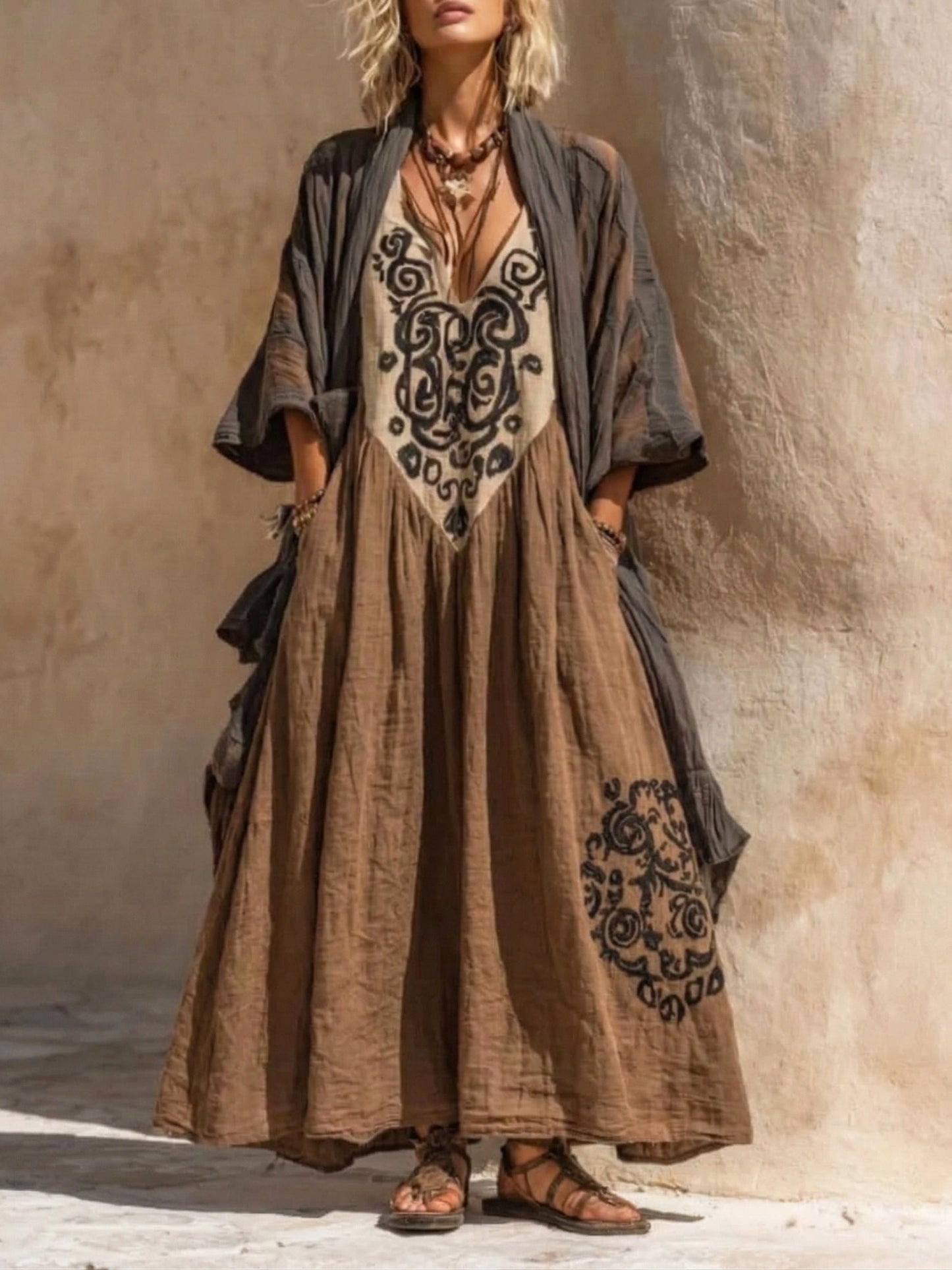 Woman wearing a long, patterned dress with a cardigan against a textured wall.