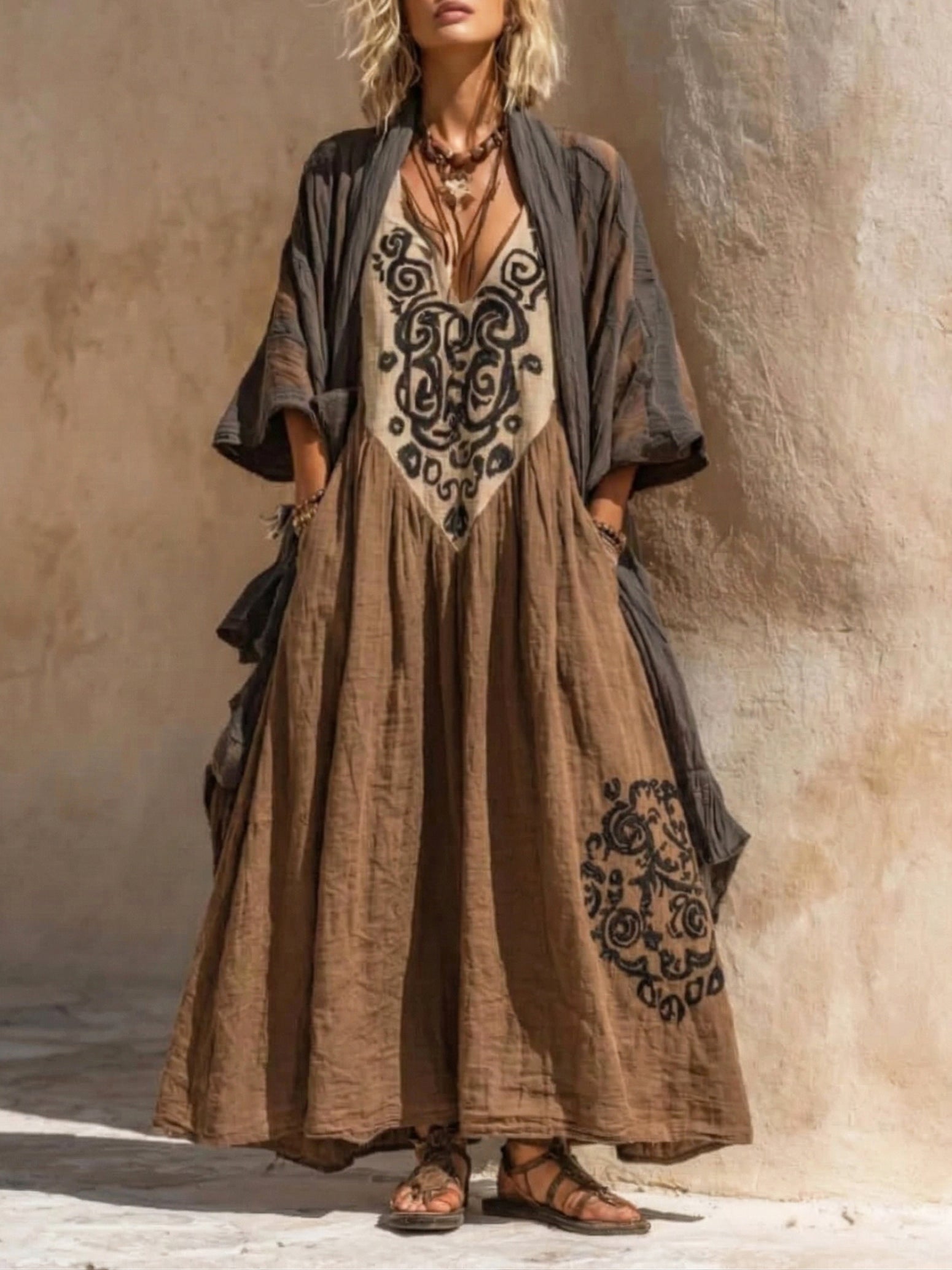 Woman wearing a long, patterned dress with a cardigan against a textured wall.
