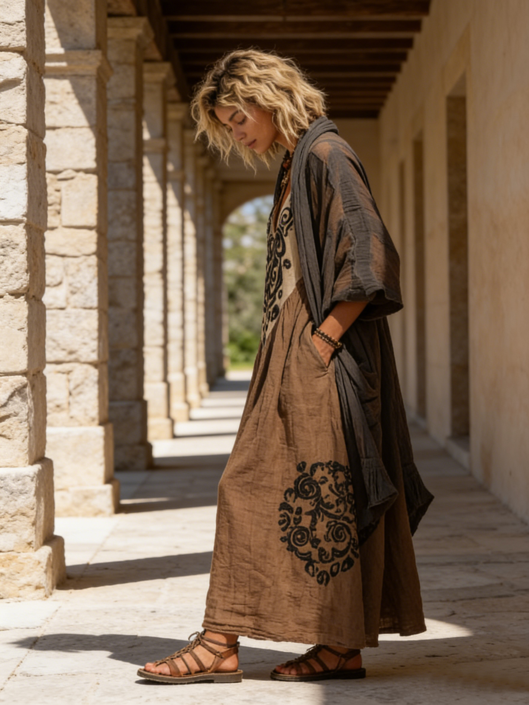 Woman in a long, embroidered dress standing in a sunlit stone corridor.
