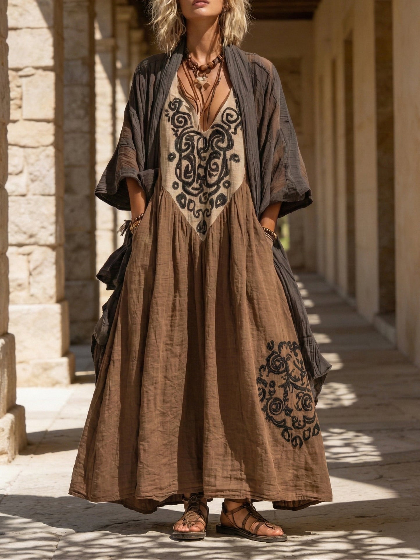 Woman wearing a long, embroidered dress with a cardigan in an outdoor setting.