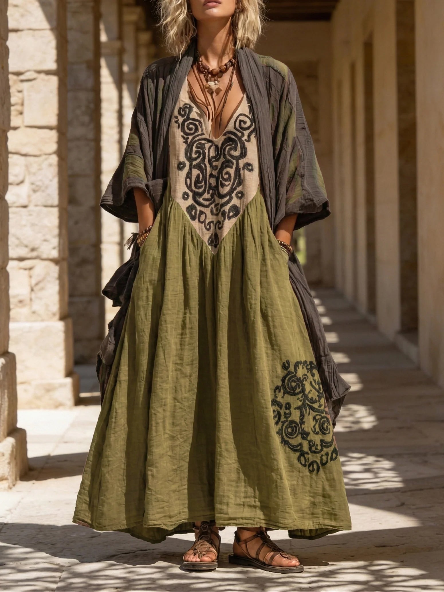 Woman wearing a green embroidered dress with a dark cardigan in a sunlit stone corridor.