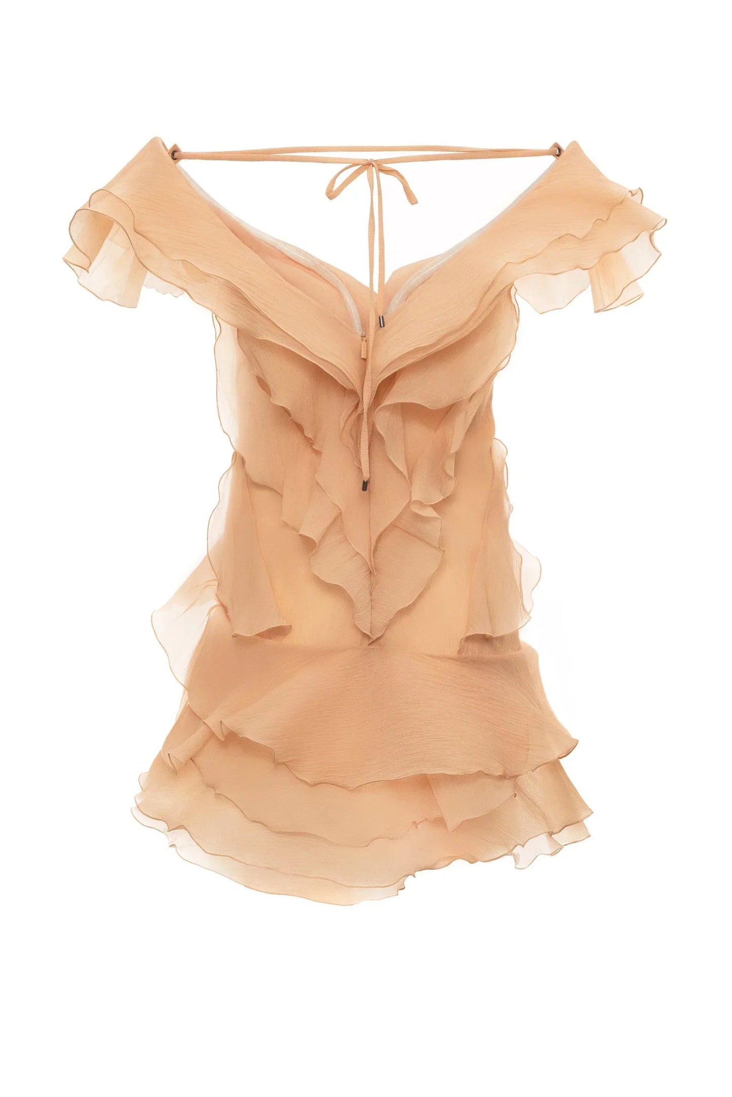 Beige off-shoulder ruffled top on a white background