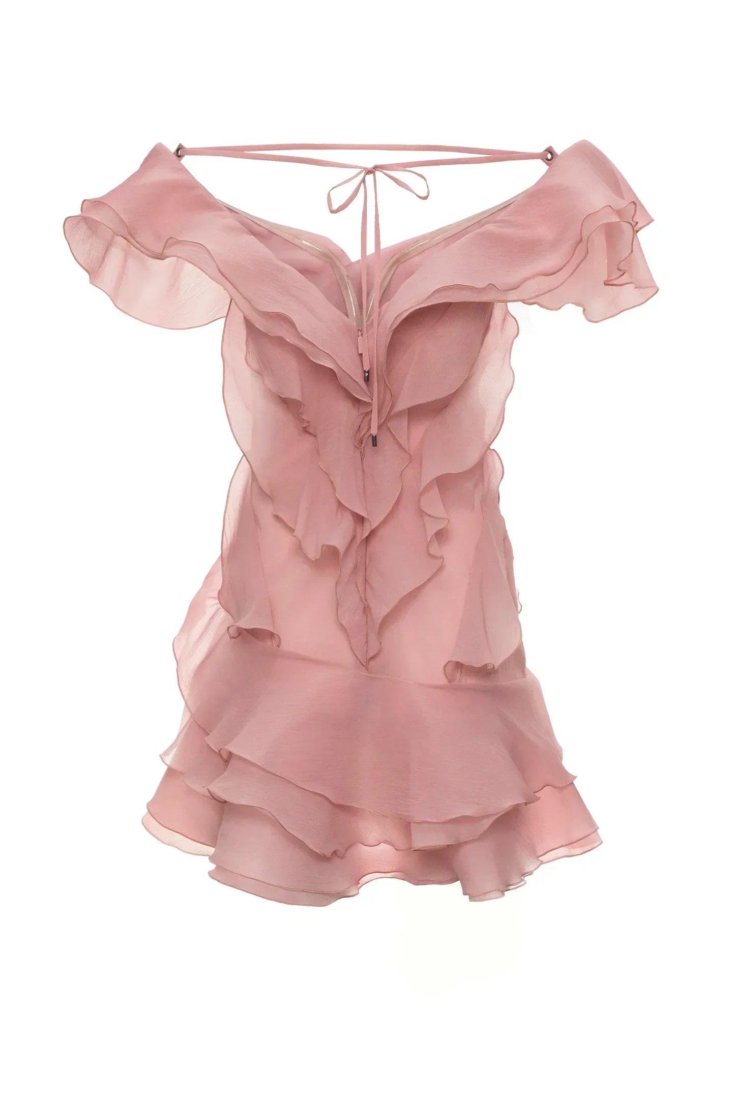 Pink ruffled dress on a white background