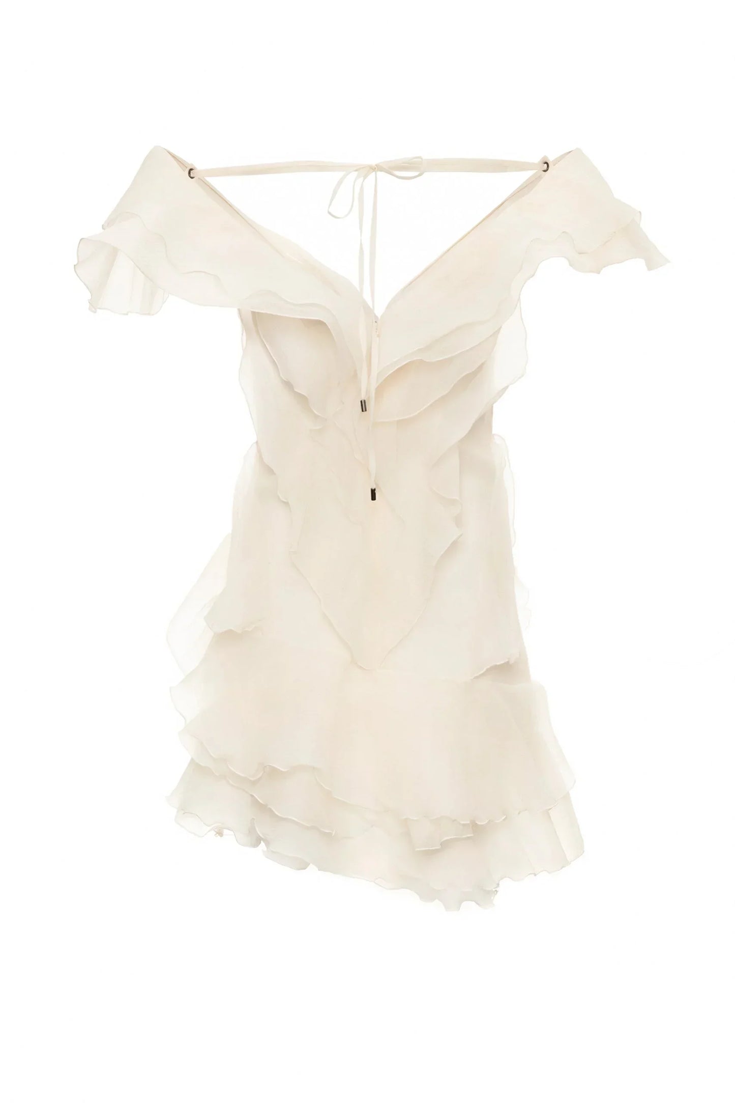 Beige off-shoulder dress with ruffled details on a white background
