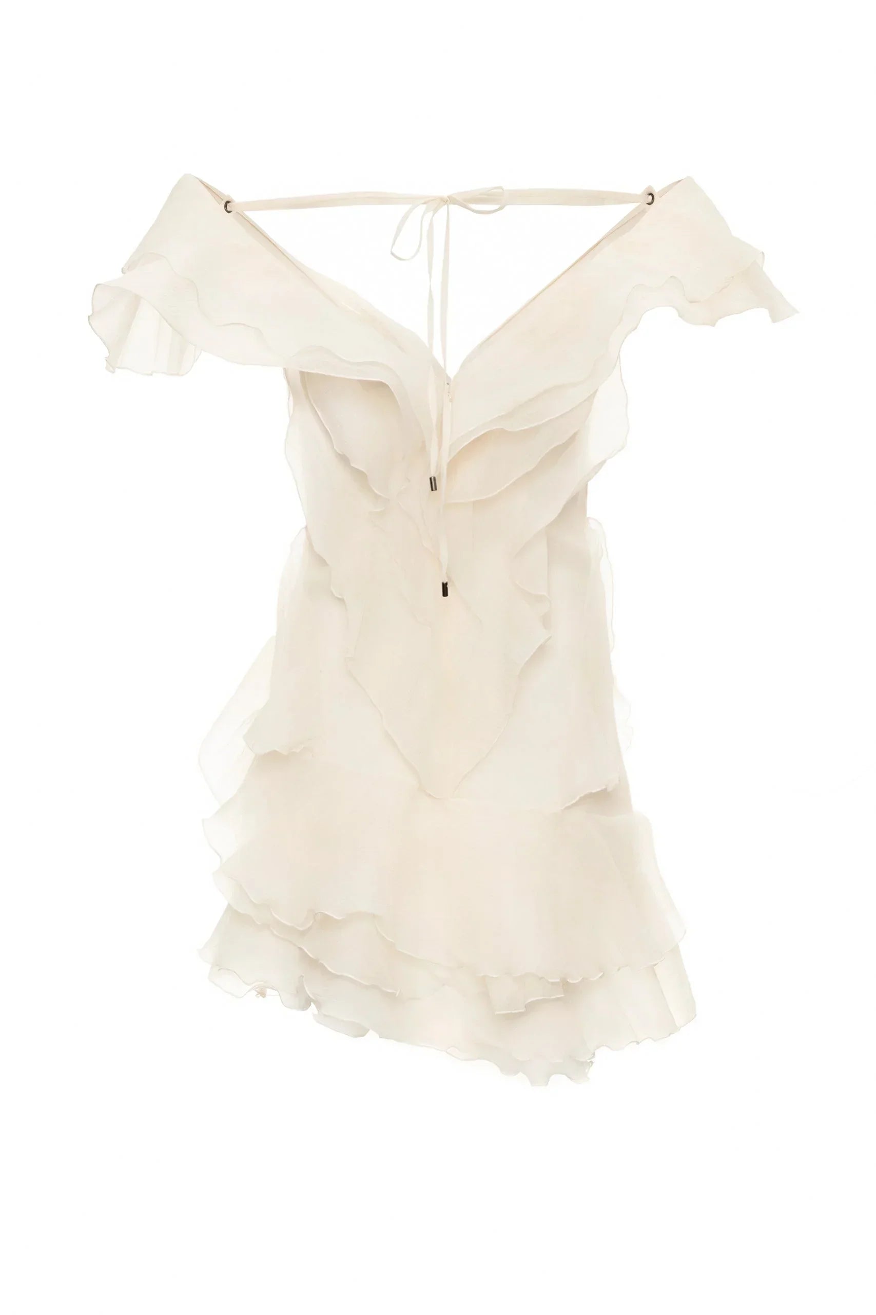 Beige off-shoulder dress with ruffled details on a white background
