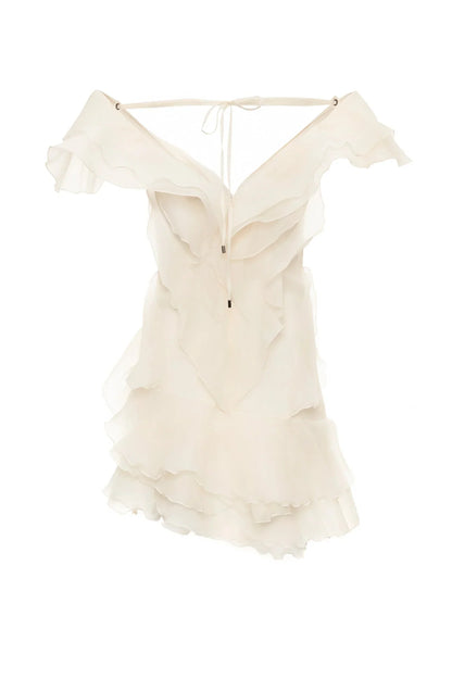 Beige off-shoulder dress with ruffled details on a white background