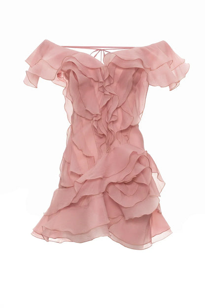 Pink ruffled dress on a white background