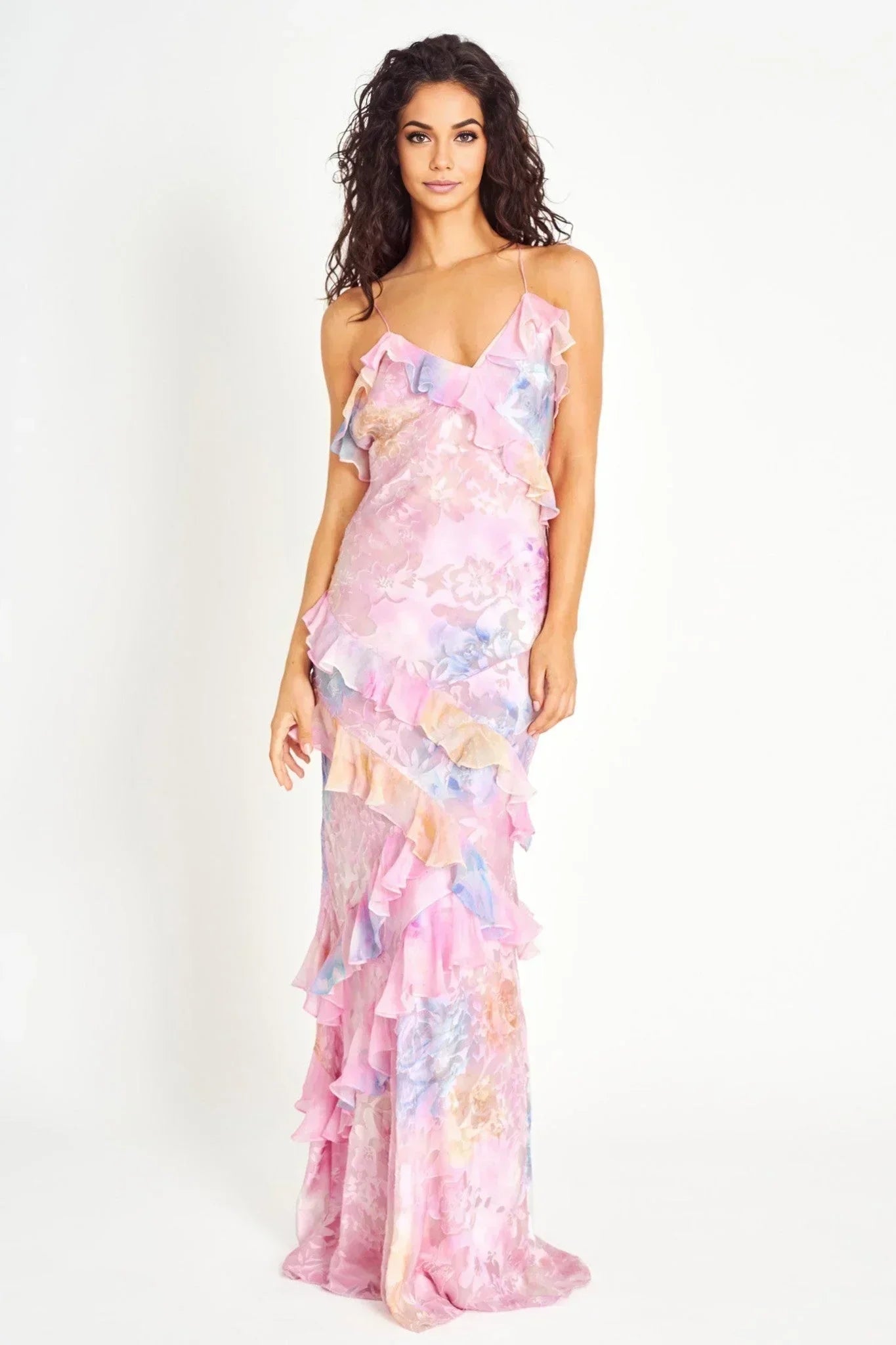 Woman wearing a floral dress on a white background