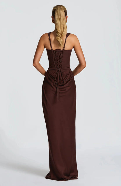 Brown evening gown with lace-up back on a white background