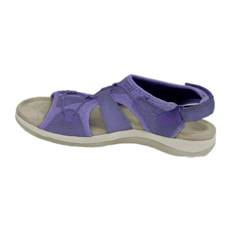 Purple sandal with a beige sole on a white background