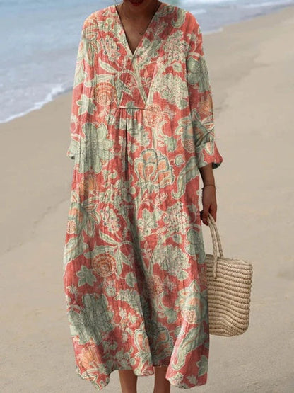Floral Beach Midi Dress with Pockets for Women